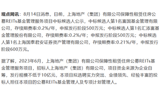 上海地产保租房公募REITs基金管理服务项目中标候选人公示